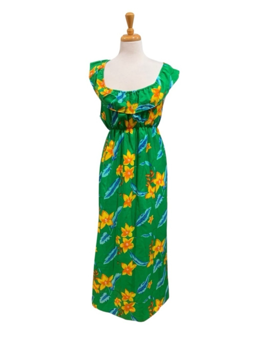 Vntg 70’s Women's POMARE KIDS Green Yellow Hawaiian Floral Maxi Dress sz S